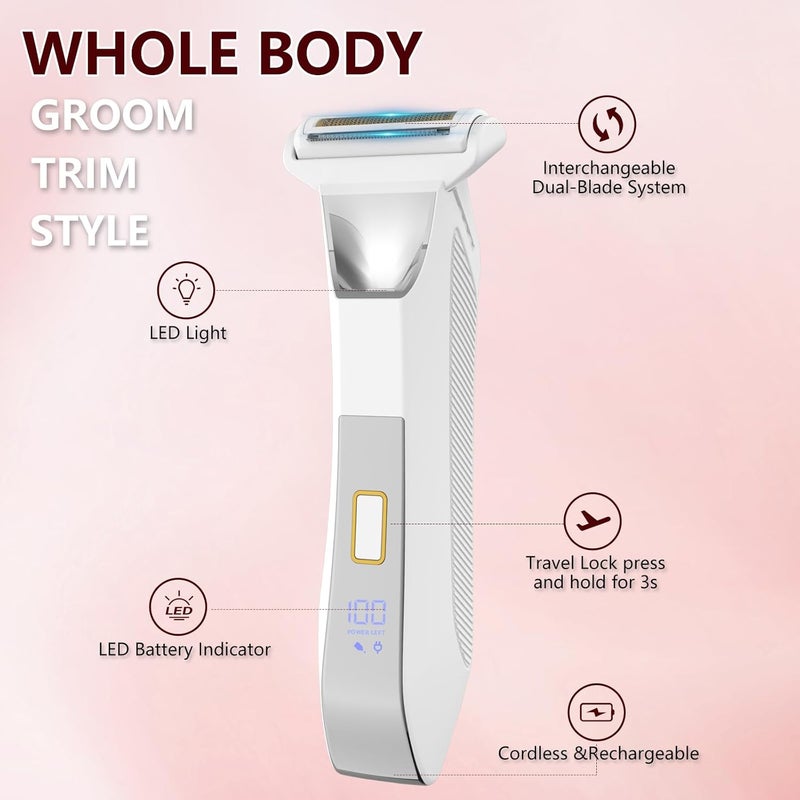 Bomic 2-in-1 Electric Bikini Trimmer for Women, Dual Head Shaver for Body & Pubic Hair, Painless Smooth, No-Nick Shaving, IPX7 Waterproof, Lightweight with Travel Lock, LED Display - Image 3